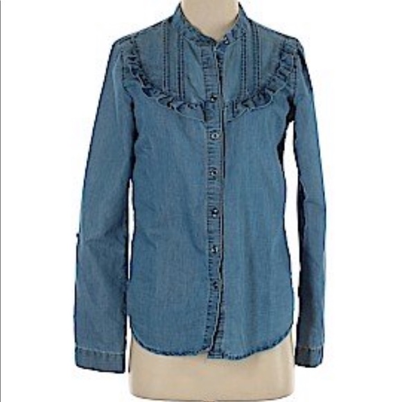 Cavalini  denim blouse ruffle chest NWT large - Picture 2 of 8